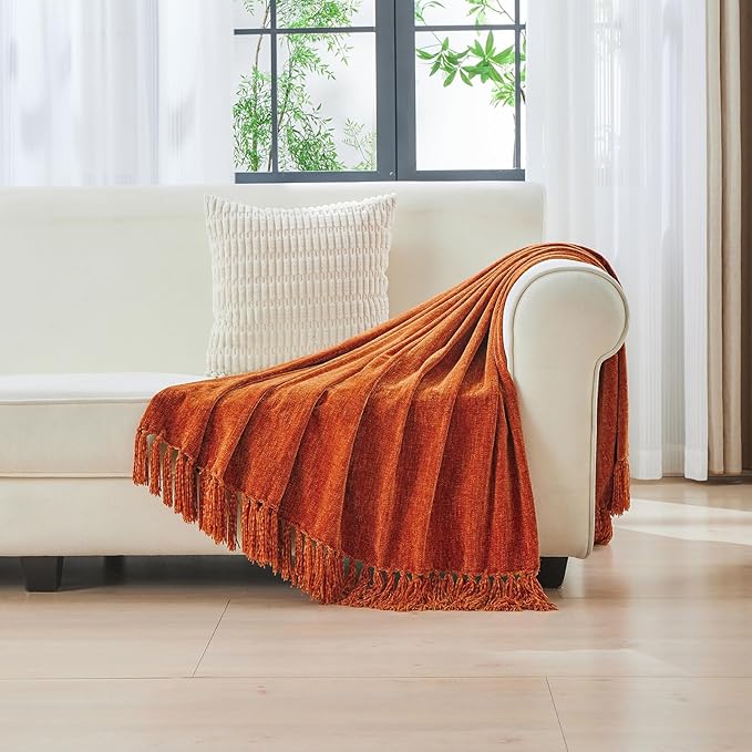 CozeCube Chenille Throw Blanket for Couch, Cozy Plush Fuzzy Decorative Rust Orange Blanket with Fringe Tassels, Lightweight Throws for Bed Sofa Gift Home Decor, 50"X60"