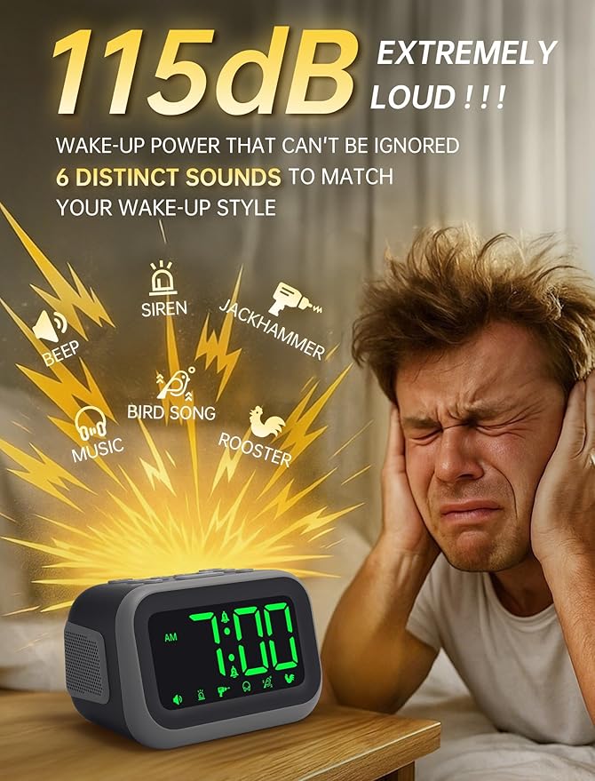 Super Loud Alarm Clock for Heavy Sleepers: 115dB Dual Alarms and 6 Alarm Sounds for Bedroom - Large Numbers 5 Dimmers for All Ages Green Digits
