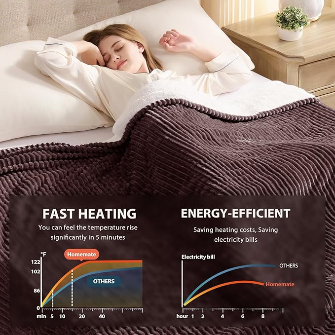 Homemate Heated Blanket Electric Throw - 50"x60" Heating Blanket Throw 1/2/4/6/8 Hours Auto-Off 10 Heat Levels Over-Heat Protection Soft Flannel Sherpa ETL Certification