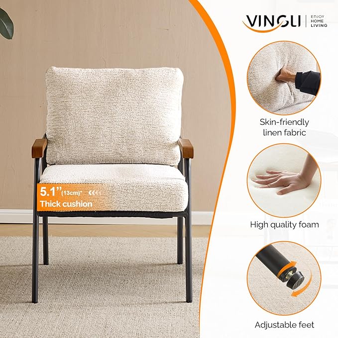 VINGLI Mid-Century Modern Accent Armchiar for Small Space, Small Comfy Upholstered Leisure Reading Chair with Wood Armrest for Bedroom, Living Room, Waiting Room, Linen Beige