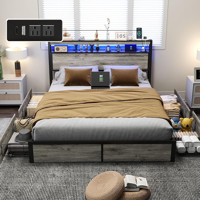 Full Size Bed Frame with 4 Storage Drawers and Headboard with Charging Station and LED Lights,2 Tier Solid Wood Headboard Storage/Noise Free/No Box Spring Needed/Remote Control/Rustic Grey