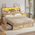 AOGLLATI Queen Bed Frame with 4 Storage Drawers and Natural Rattan 2-Tier Bookcase Hidden Headboard, Boho Led Bed Frame Queen Size with Charging Station, No Box Spring Needed, Wood
