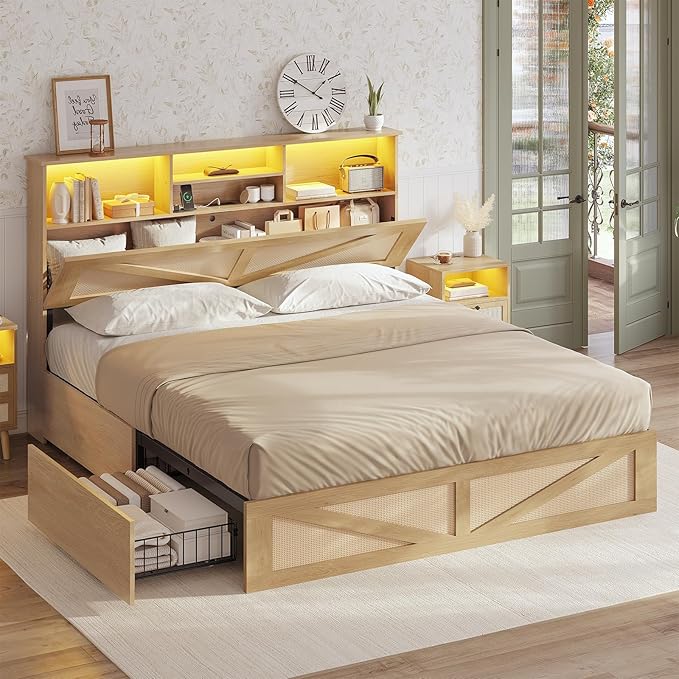 AOGLLATI Queen Bed Frame with 4 Storage Drawers and Natural Rattan 2-Tier Bookcase Hidden Headboard, Boho Led Bed Frame Queen Size with Charging Station, No Box Spring Needed, Wood