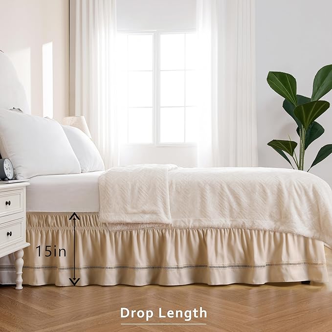 MIYE Wrap Around Ruffled Lace Bed Skirt, Elastic Dust Ruffle with Adjustable Belts, Easy to Put On, Bed Frame Cover, Machine Washable (Ruffled Lace/Beige, Full/Twin-15 Drop)