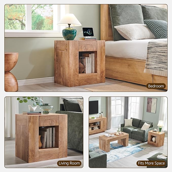 OKD 24" Modern Nightstand with Charging Station, Large Wood Bedside Table w/Hidden Drawers & Open Storage Shelf, Rustic End Table for Bedroom,Living Room,Light Tree Knot