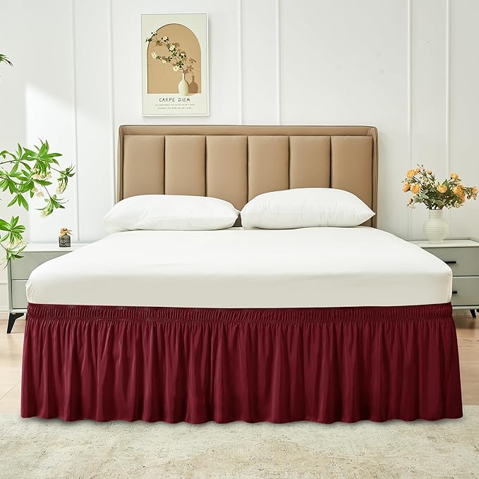 Biscaynebay Wrap Around Bed Skirts for Queen Size Beds 18" Drop, Burgundy Adjustable Elastic Dust Ruffles Easy Fit Wrinkle Resistant Silky Luxurious Fabric Machine Washable