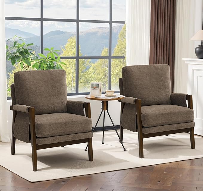 Dark Brown Accent Chairs for Living Room Set of 2, Modern Arm Chairs for Bedroom, Wooden Upholstered Mid Century Accent Chairs, Fabric