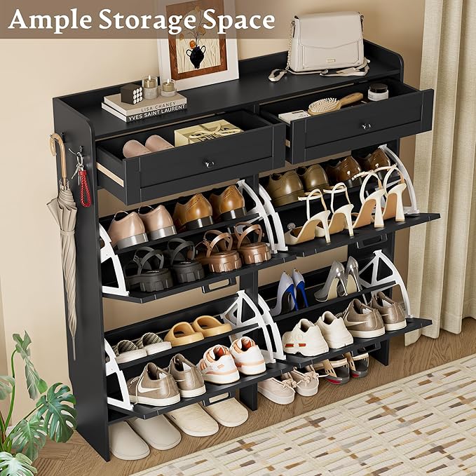 Shoe Storage Cabinet for Entryway, Farmhouse Wide Shoe Cabinet with 4 Flip Drawers and 2 Top Drawers, Freestanding Organizer with Adjustable Shelves, Hooks, and Anti-Tip Kit for Hallway