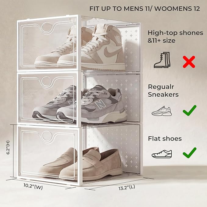 Pinkpum 15 Pack X-Large Shoe Storage Boxes Fit US Size 11, Shoe Organizer for Closet Clear Plastic Stackable Shoe Dispaly Case Holder Bins, Sneaker Storage for Sneakerheads White for Home and Family