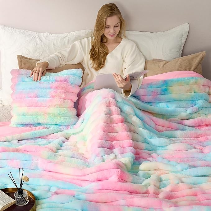 Cozy Bliss Faux Fur Throw Blanket for Couch, Cozy Warm Plush Striped Blanket for Sofa Bedroom Living Room, 108 * 90 Inches Tie-dye Rainbow