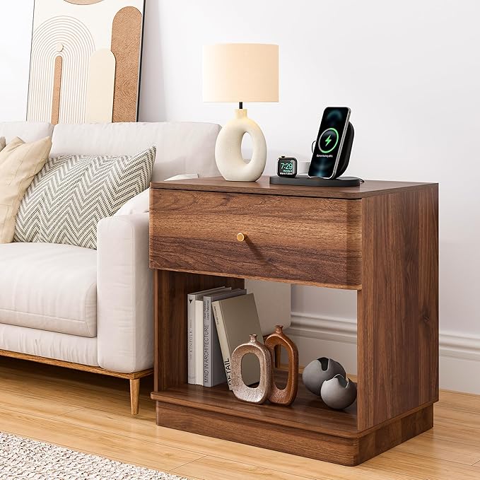 Narrow Nightstand Set of 2, Wooden Small 2 Drawer Nightstand, Slim Side End Table, Skinny Bedside Table, Mid Century Modern Night Stand with Drawers, for Living Room (Walnut-Charging Station-1 pc)