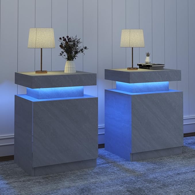 MXV Nightstand Set of 2 with LED Lights,Night Stand with Storage Cabinet for Bedroom,Bedside Table with LED (Grey, 17.7IN)