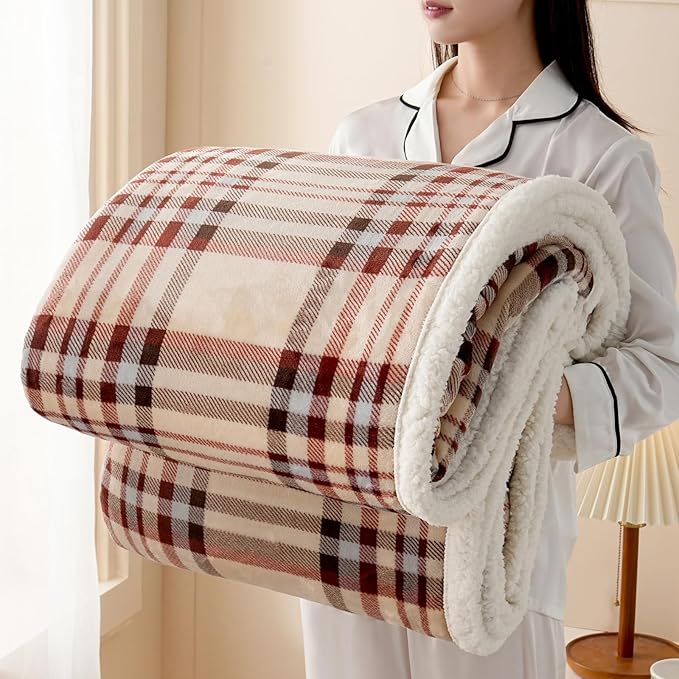 Sherpa Blanket Throw Blanket for Couch Sherpa Fleece Blanket Fluffy Checkered Soft Blanket for All Season Use Cozy Thick Warm Big Throws (Beige-Plaid, 80"*90")