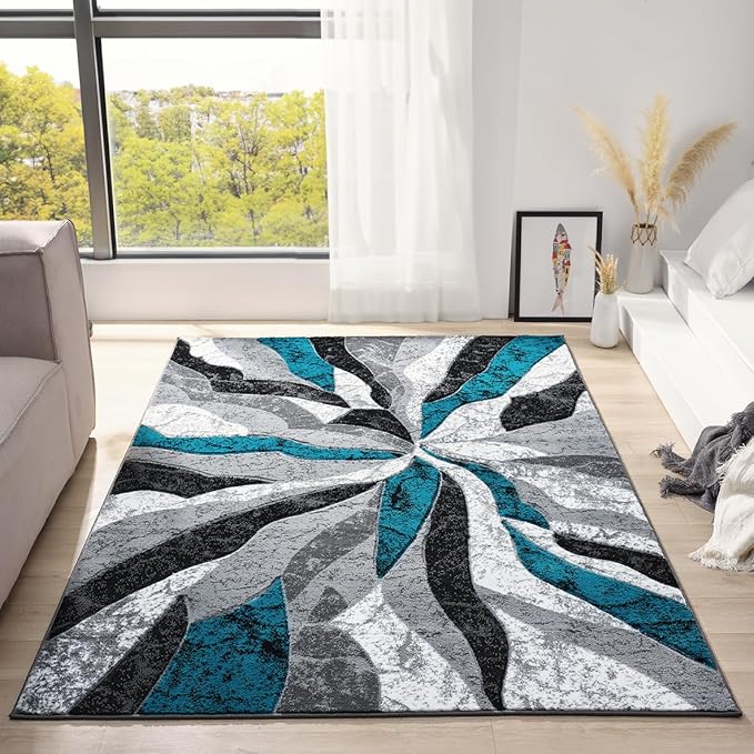 Modern Abstract Area Rug Hand Carved Contemporary Geometric Swirls Vibrant Colors Carpet for Living Room Bedroom Design PR1002 (Turquoise, 8' x 10')