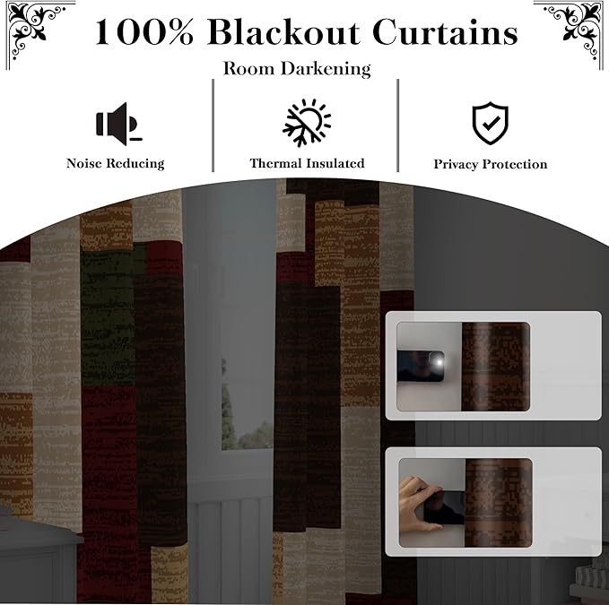 Brown Red Vintage 100% Blackout Curtains for Bedroom 96 inch Length 2 Panels Set Modern Abstract Geometric Black Out Curtains Insulated Room Darkening Window Drapes forLiving Room, 52Wx96L