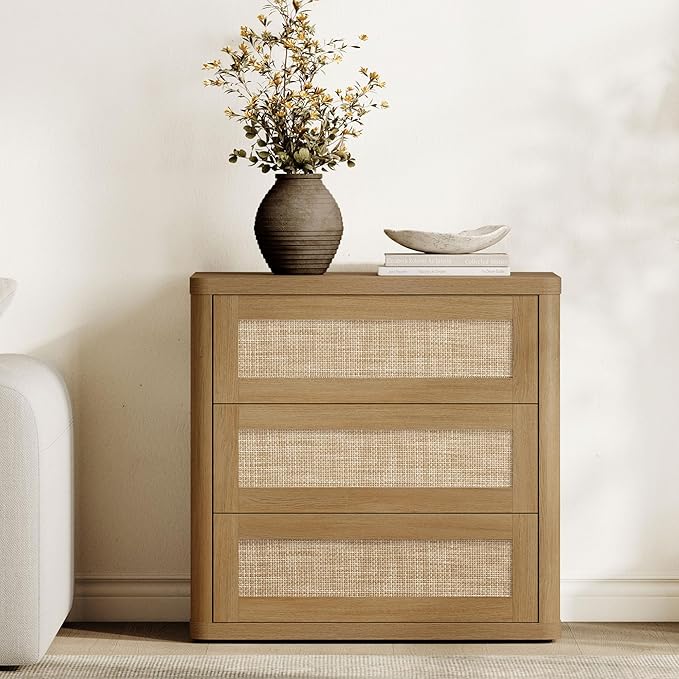 SICOTAS 26.8" Oversized Night Stand for Bedroom & Guest Room, Large 3-Drawer Rattan Nightstand, Boho Bedside Table End Table Storage Cabinet with Kid-Safe Rounded Edges & Push-Close Design, Amber Oak