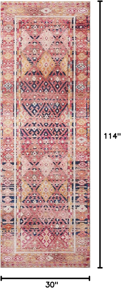 Loloi Layla Collection LAY-15 Magenta/Multi 2'-6" x 9'-6" .13" Thick Runner Rug, Soft, Durable, Vintage Inspired, Distressed, Low Pile, Non-Shedding, Easy Clean, Printed, Living Room Rug