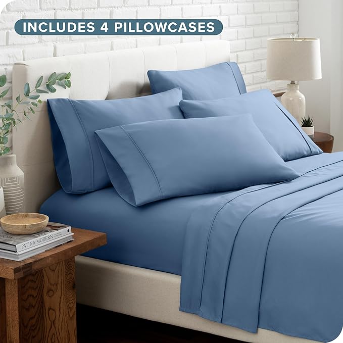 Bare Home Hotel Luxury Split King Sheet Set, Extra Soft, Deep Pockets, Easy Fit, Cooling & Breathable, Wrinkle, Fade, Stain Resistant, Includes 4 Pillowcases (Split King, Coronet Blue)