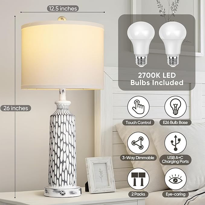 QiMH Table Lamp for Living Room,Bedside Lamps for Bedroom Set of 2 with USB A+C Ports,3-Way Dimmable Touch Control, Modern Coastal White Grey Resin Nightstand Lamp, Included 2700K LED Bulbs
