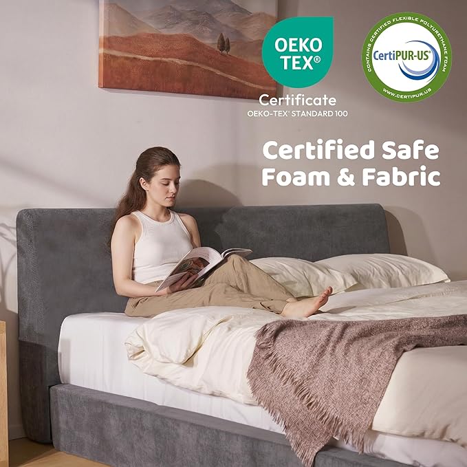 RECCI Cloud King Size Bed Frame with Ergonomic Angled Foam Cushioned Headboard, Minimalist Design Platform Bed Frame, No Box Spring Needed, Easy Assembly (Moon Grey)
