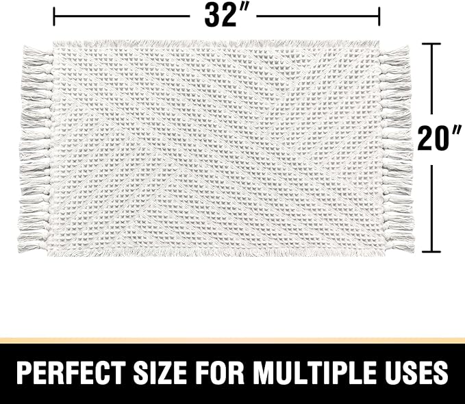 H.VERSAILTEX Waffle Bath Mat Super Absorbent Boho Bath Mat Non Slip Bath Rugs for Bathroom Floor Machine Washable Dry Fast Bathroom Rugs with Tassels, 20" x 32", Ivory White