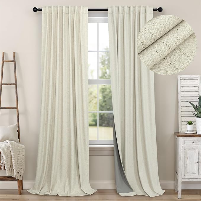 Pitalk Black Out 96 Inch Long Boho Curtains 2 Panel Set Farmhouse Curtain for Living Room Darkening Thermal Noise Reduction Textured Faux Linen Drape 8ft Back Tab Pocket Cream Beige 52x96 Floor Length