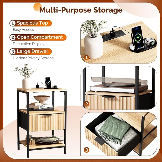 VINGLI Nightstands Set of 2 Fluted Nightstand with Charging Station, Oak Night Stand Set 2 Bed Side Tables, End Tales Bedroom with Charger Station and Fabric Drawer, 14.96" W*11.81" D*23.7" H