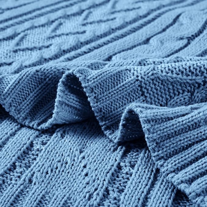 Aormenzy Dusty Blue Cable Knit Throw Blanket Queen Size for Bed Couch Sofa, Super Soft Cozy Knitted Blanket 90" x 90" Bed Blankets Full Size
