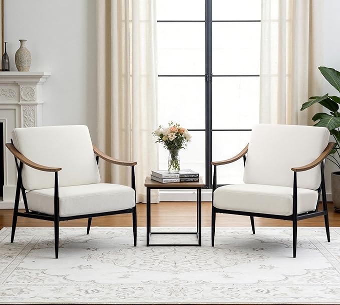 Modern Accent Chairs Set of 2 for Living Room Bedroom Mid Century Arm Chairs Upholstered Office Accent Chairs Comfy Waiting Room Chairs with Metal Frame, Cream White