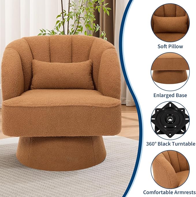 GarveeHome Modern Swivel Barrel Accent Chair, 360° Teddy Fabric Upholstered Armchair with Striped Backrest & Plush Padding, Comfy Round Lounge Chair for Living Room, Bedroom, Reading Nook, Brown 2 PCS