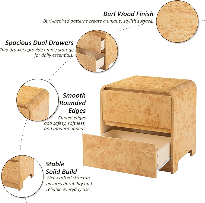 2 Drawer Farmhouse Nightstand with Rounded Edge, Modern Dresser Mid Century Side Table for Bedroom, Burl Finish, Natural