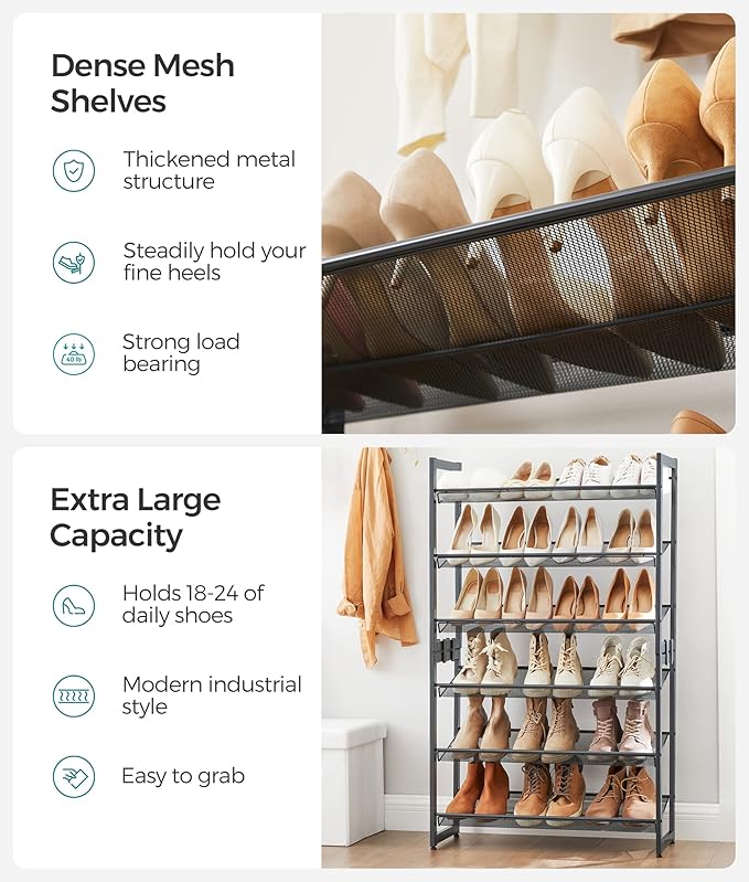 SONGMICS Shoe Rack, 6-Tier Shoe Organizer, Metal Rack for Garage, Set of 2, 3-Tier Stackable Shelf, with Adjustable Flat or Angled Shelves, 18-24 Pairs, Charcoal Gray ULMR003G02