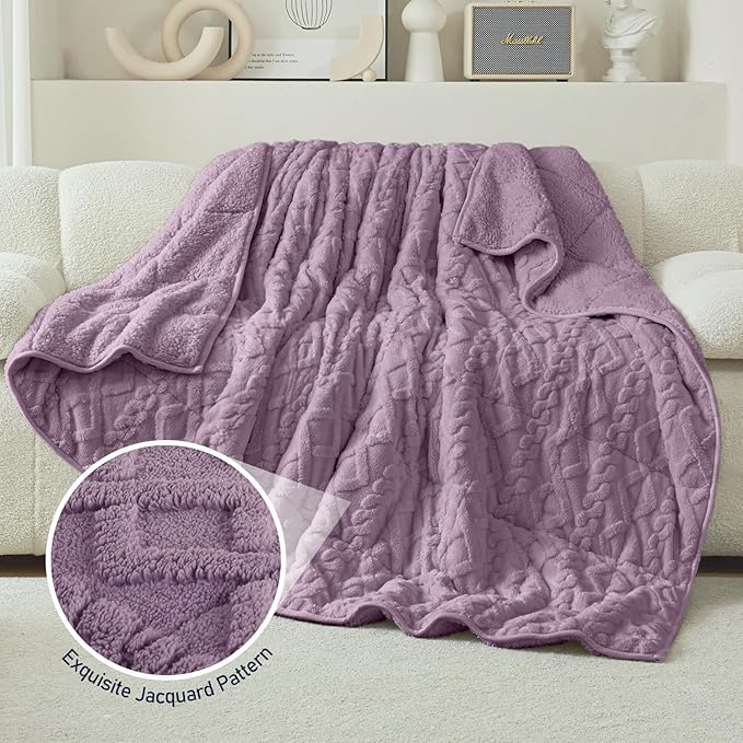 Wemore Weighted Blanket for Adults Twin Size 15 lbs, Dual Sided Soft Fuzzy Jacquard Sherpa Weighted Blankets for Sleeping, Cozy Fluffy Knitted Heavy Blanket for Couch Bed, Purple, 48 x 72 inches