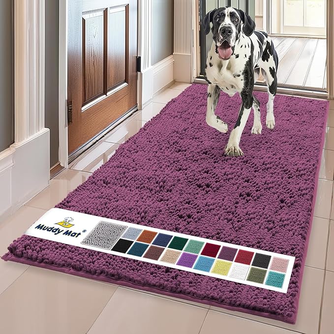 Muddy Mat® | Super Absorbent Door Mat Indoor, Microfiber Quick Dry Chenille Entryway Rug, Non-Slip Front Door Mat, Indoor Mats for Entryway, Machine Washable Pet Rug, Dark Purple 36" x 120"