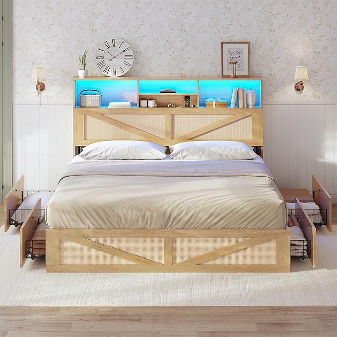 AOGLLATI Full Size Bed Frame with 4 Storage Drawers and Natural Rattan 2-Tier Bookcase Hidden Headboard, Boho Led Bed Frame Full Size with Charging Station, No Box Spring Needed, Wood