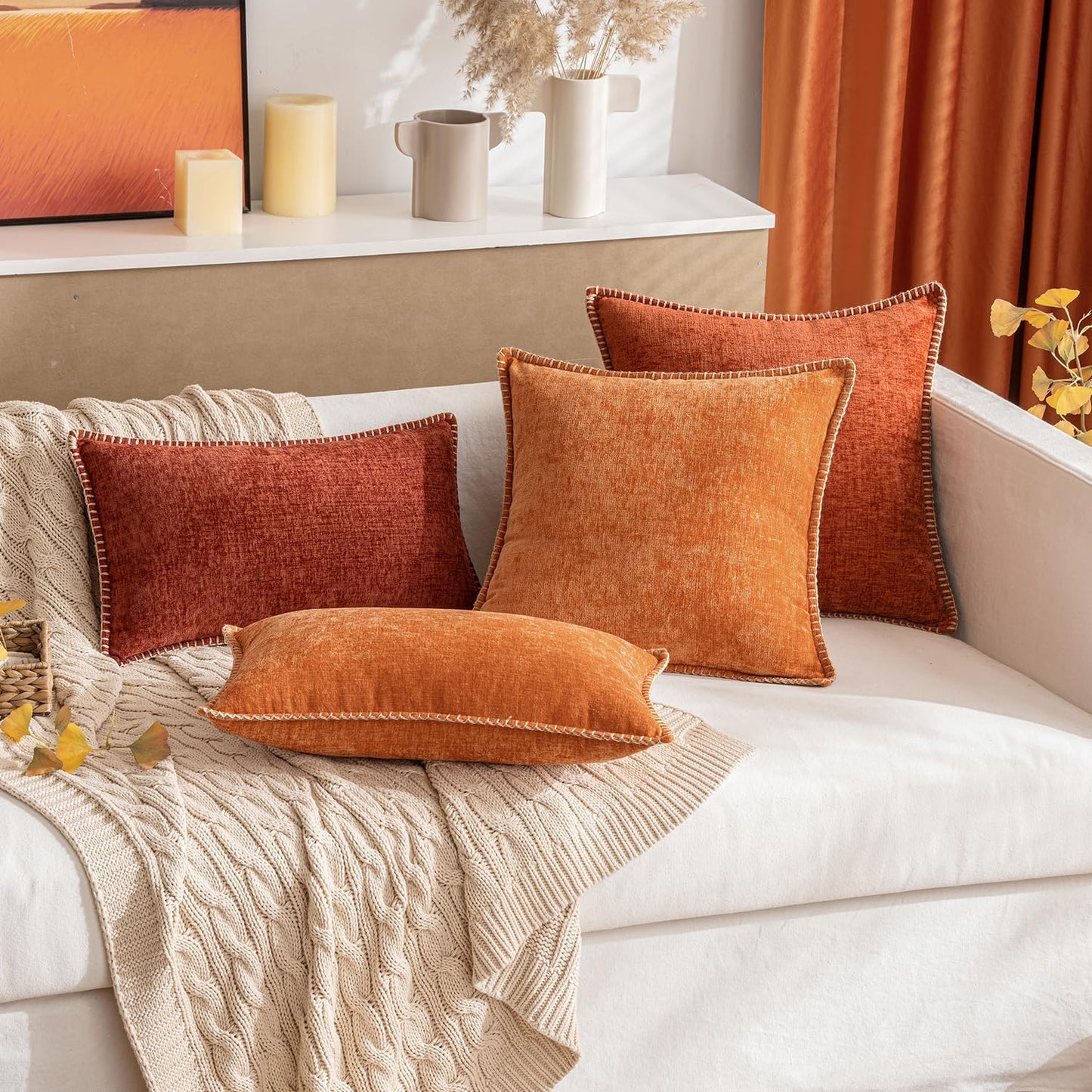 MIULEE Pack of 2 Fall Couch Throw Pillow Covers 20x20 Inch Orange Farmhouse Decorative Pillow Covers with Stitched Edge Soft Chenille Solid Dyed Pillow Covers for Sofa Bed Living Room