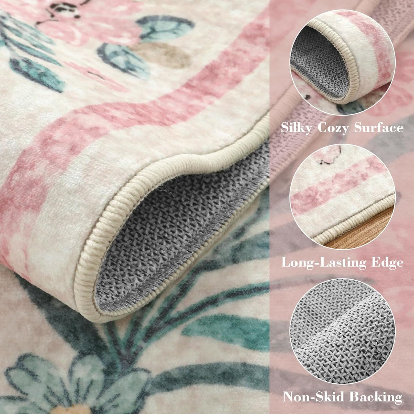 Wonnitar Washable Round Rugs 6ft, Pink Floral Circle Rug Large Round Carpet for Bedroom, Boho Soft Ultra-Thin Circular Carpets for Kids Playroom Living Room Nursery