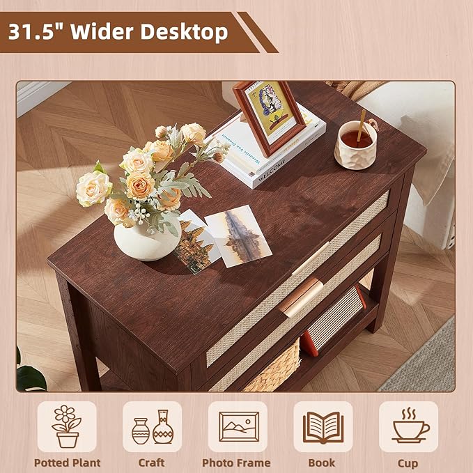 LEYAOYAO 31.5" Wide Rattan Night Stand, Oversized Large Walnut Nightstand with 2 Drawer, Boho Bed Side End Tables with Storage Shelf, Tall Bedside Table for Bedroom Living Room, Hallway