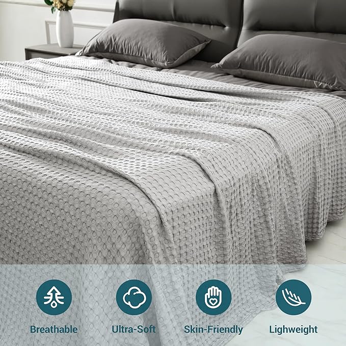 Aganear Waffle Blanket - Lightweight Breathable Summer Blanket of 50% Cotton and 50% Rayon Derived from Bamboo for Hot Sleepers Luxury Throws for Bed, Couch and Sofa,Grey,104x90 Inches