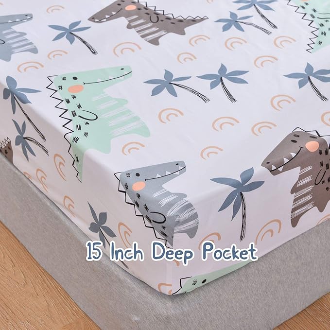 JSD Dinosaur Kids Sheet Set Full Size, 4 Piece Palm Tree Printed Microfiber Bed Sheets Deep Pocket