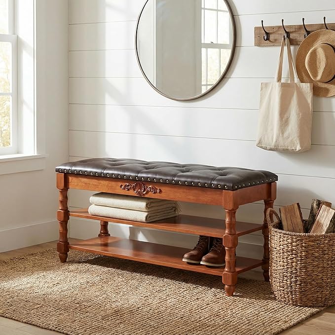 39-inch End of Bed Bench, Faux Leather Tufted Storage Bench with Lift Top Seat and 2 Tier Storage Shelves, Bedroom Bench Footrest Stool with Hidden Storage and Wood Leg, Vintage Style