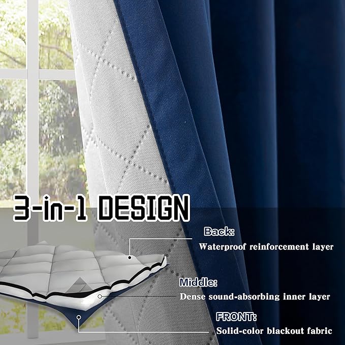 3-in-1 Layers Noise Cancelling Curtains for Bedroom Grommet Full Blackout Window Drapes Thermal Insulation Winter Curtains for Living Room (1 Panel, Navy Blue, 50" x 84")