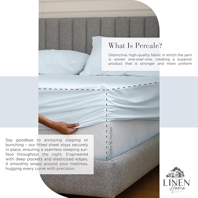 Linen Home 100% Cotton Percale Sheets Queen Size, Blue Duck Egg, Deep Pocket, 4 Pieces Set - 1 Flat, 1 Deep Pocket Fitted Sheet and 2 Pillowcases, Crisp Cool and Strong Bed Linen