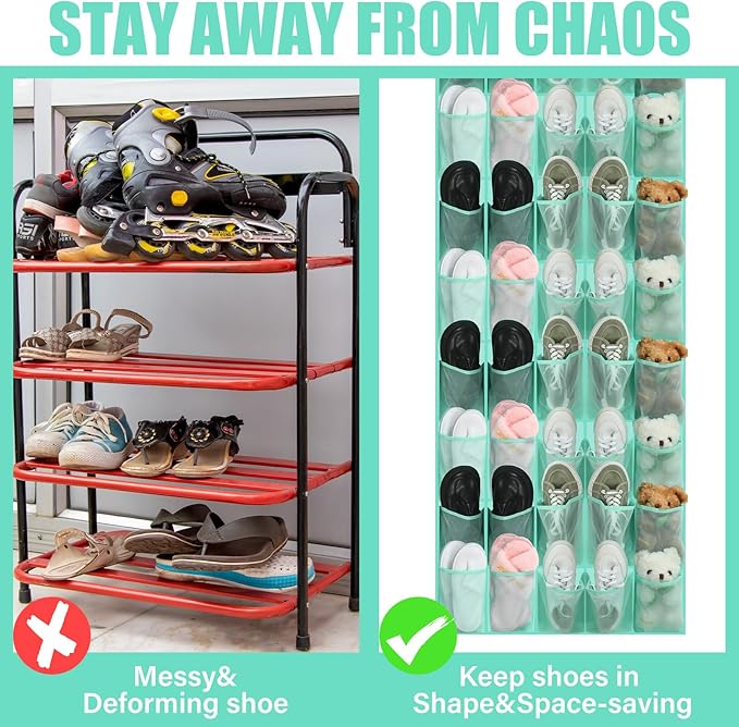 Windyun 40 over the Door Shoe Organizer Large Mesh Pocket Hanging Shoe Rack for Closet Turquoise Nonslip Behind Door Storage Holder Back to School Organizer for Dorm Room College Classroom Storage