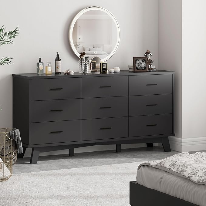 Dresser for Bedroom, Wide Wood 9 Drawer Modern Chest of Drawers with X-Shaped Sturdy Base, Double Dresser Closet Clothes Storage Organizer, Wooden TV Stand for Living Room, Hallway, Black