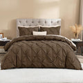 Litanika Brown California King Pinch Pleat Duvet Cover, 3 Pieces Pintuck Cover Soft Microfiber Bedding Set with Zipper Closure & Corner Ties(1 Duvet Cover, 2 Pillowcases)