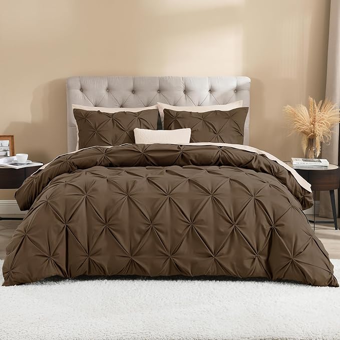 Litanika Brown Queen Pinch Pleat Duvet Cover, 3 Pieces Pintuck Cover Soft Microfiber Bedding Set with Zipper Closure & Corner Ties(90x90Inch-1 Duvet Cover, 2 Pillowcases)
