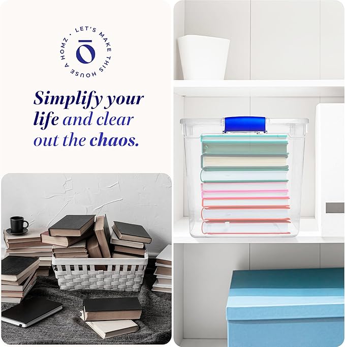 HOMZ 4-Pack 31 Quart Latching Lid, Clear Plastic Storage Organizer Bins, Blue – Stackable Containers for Home & Office Shelves, Kitchen, Garage, and Bathroom Organization