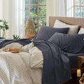 MooMee Bedding Sheet Set 100% Washed Cotton Linen Like Textured Breathable Durable Soft Comfy (Solid Deep Grey, King)