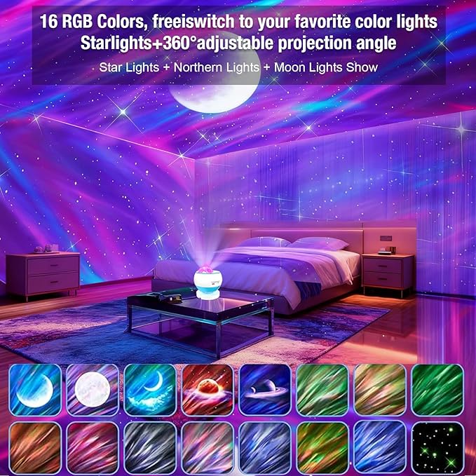 Northern Lights Projector Galaxy Projector for Bedroom, 3 HD projection lenses,16-Color Moon Light,USD&Bluetooth Speaker Str Projector Galaxy Lights, Ambient Lighting,Lights for Bedroom Gifts for Boys